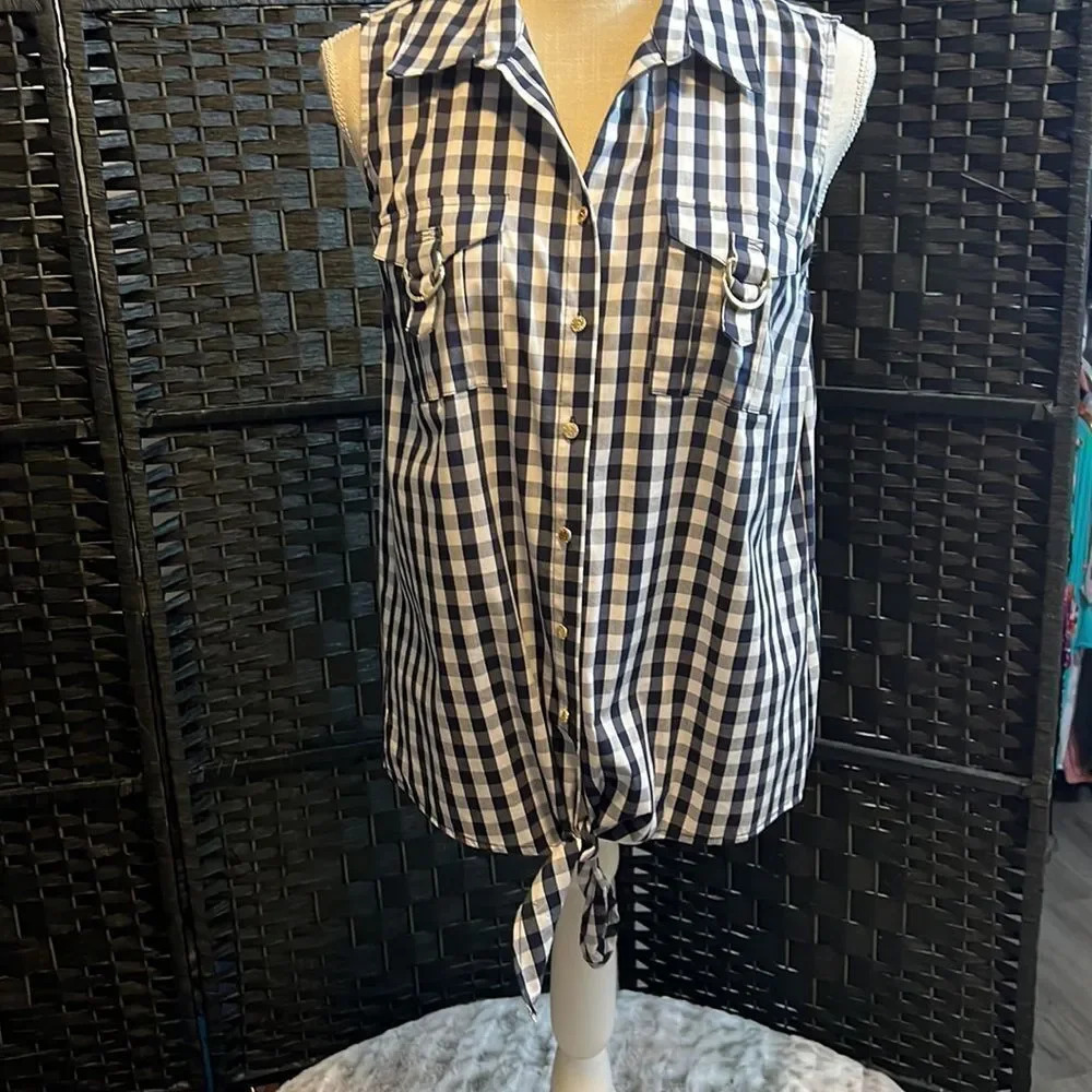 Anne Klein Gingham Navy/white Checks Top Size medium‎